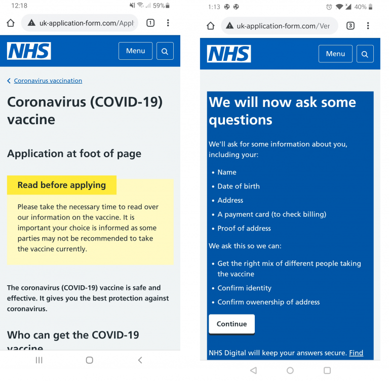 A screenshot of a convincing but fake NHS website. The user is asked to provide their personal details, and even their bank/card details