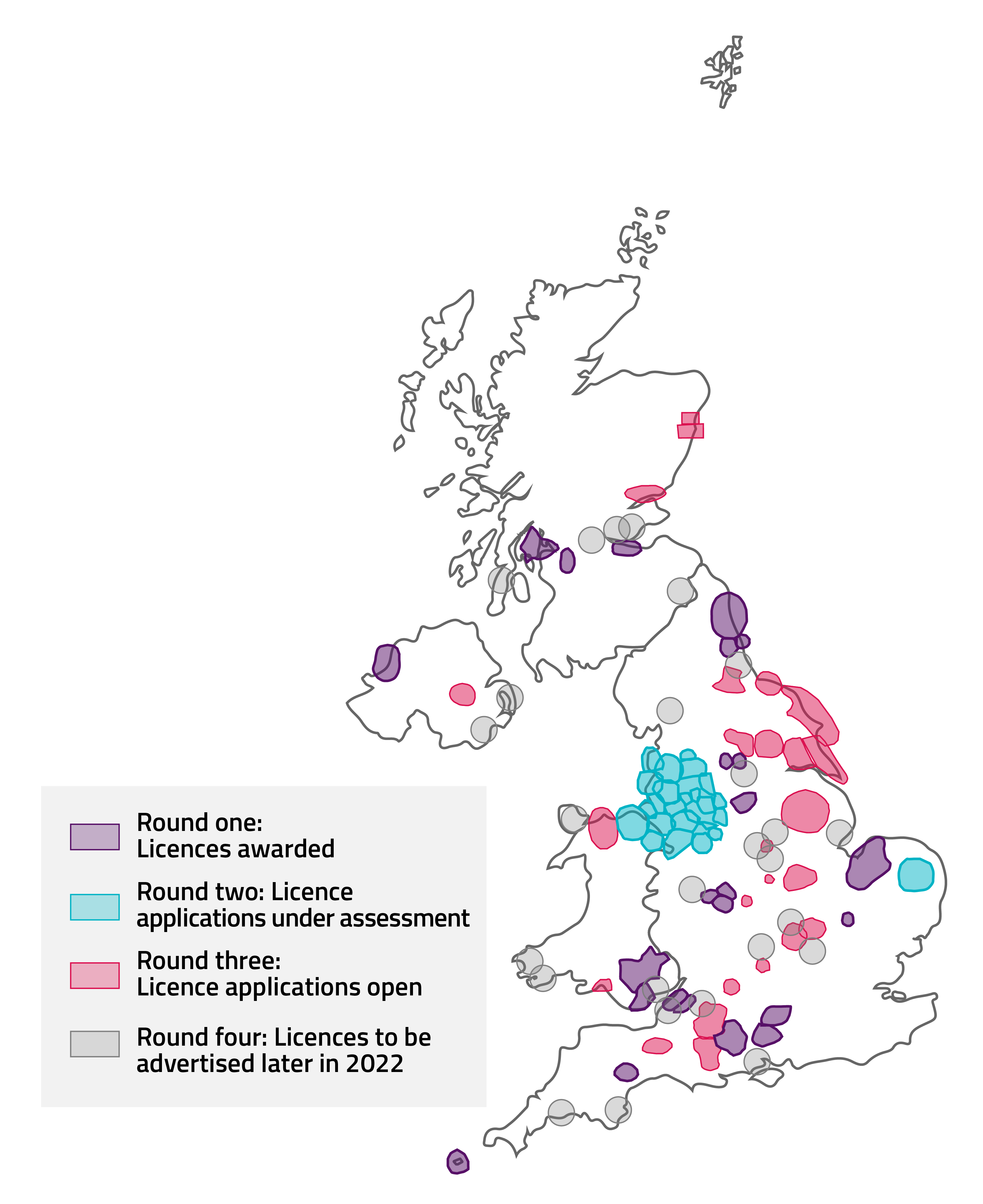 This map of the UK highlights where we have awarded the first round of small-scale multiplex licences, the applications under assessment (round two), licence applications open (round three) and the licences to be advertised later in 2022 (round four).
