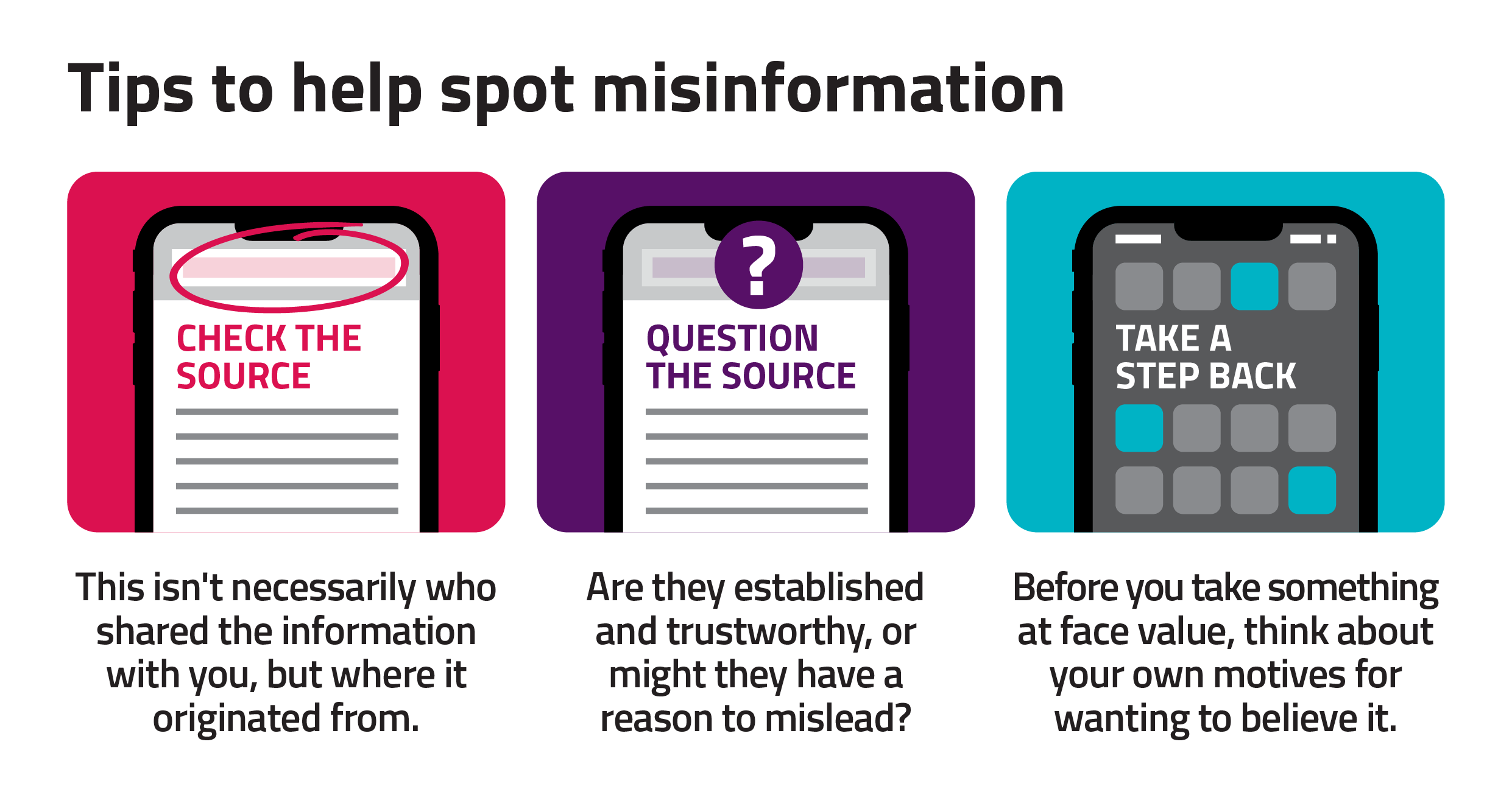 Tips to help spot misinformation To help spot misinformation, always check the source. Question it: are they established and trustworthy? Take a step back and think about your own motives for believing something before you take it at face value.