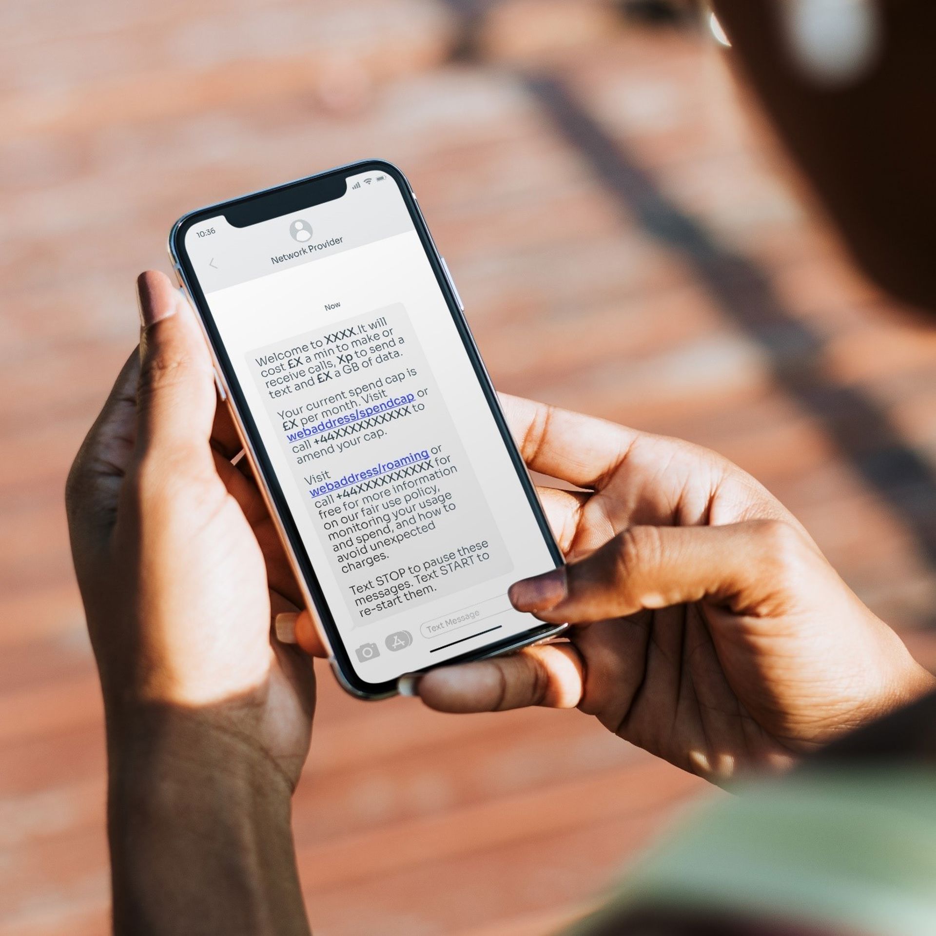 An example of a message mobile customers will receive. This includes details of the the roaming charges that apply, any spending cap the customer has in place, and where to find more information about charges, fair use and spending.