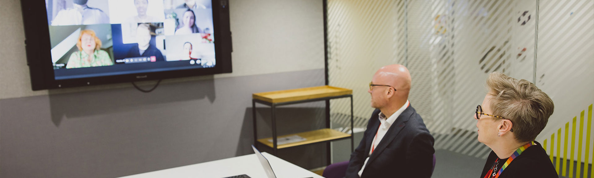 Video call with colleagues in meeting room 
