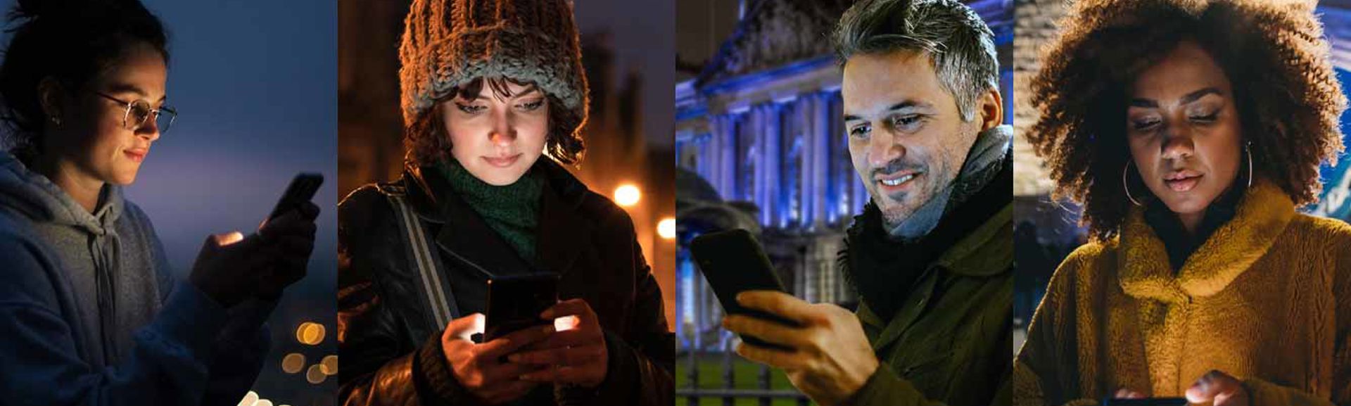 Four people using mobile phones in different locations