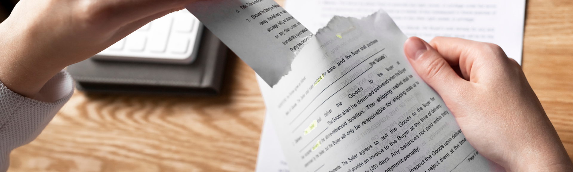 A person tearing up a paper document