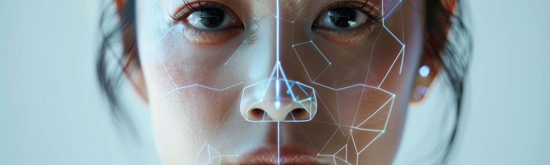 Close up of womans face with highlighted data points for deepfake technology.