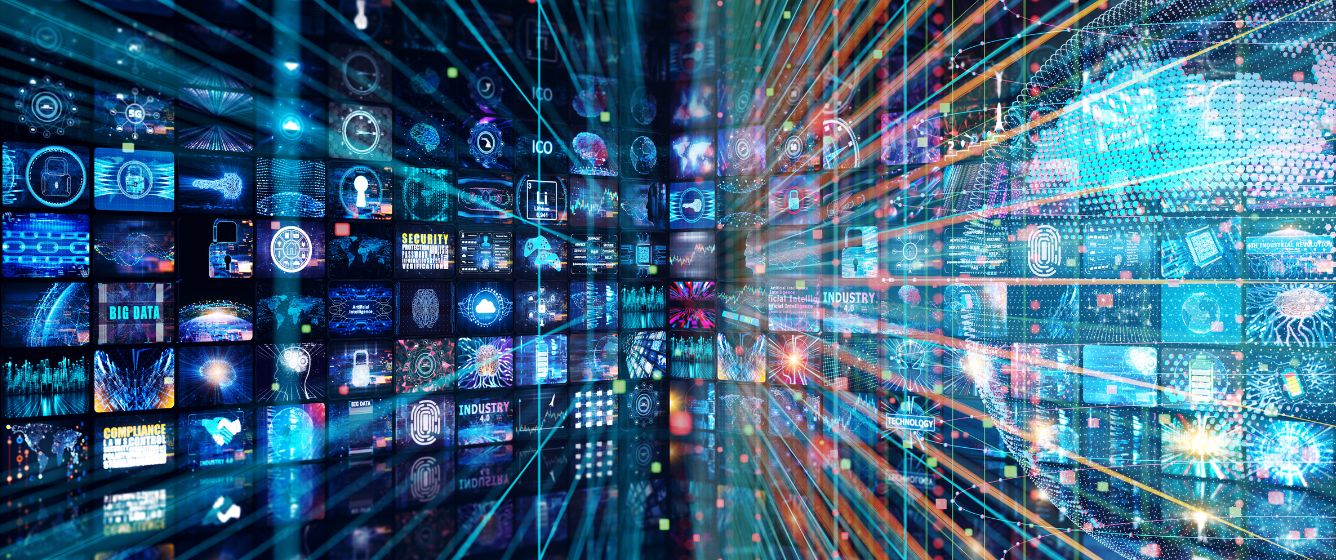 An abstract image with hundreds of floating screens displaying TV-like content (istockphoto-1301983459)