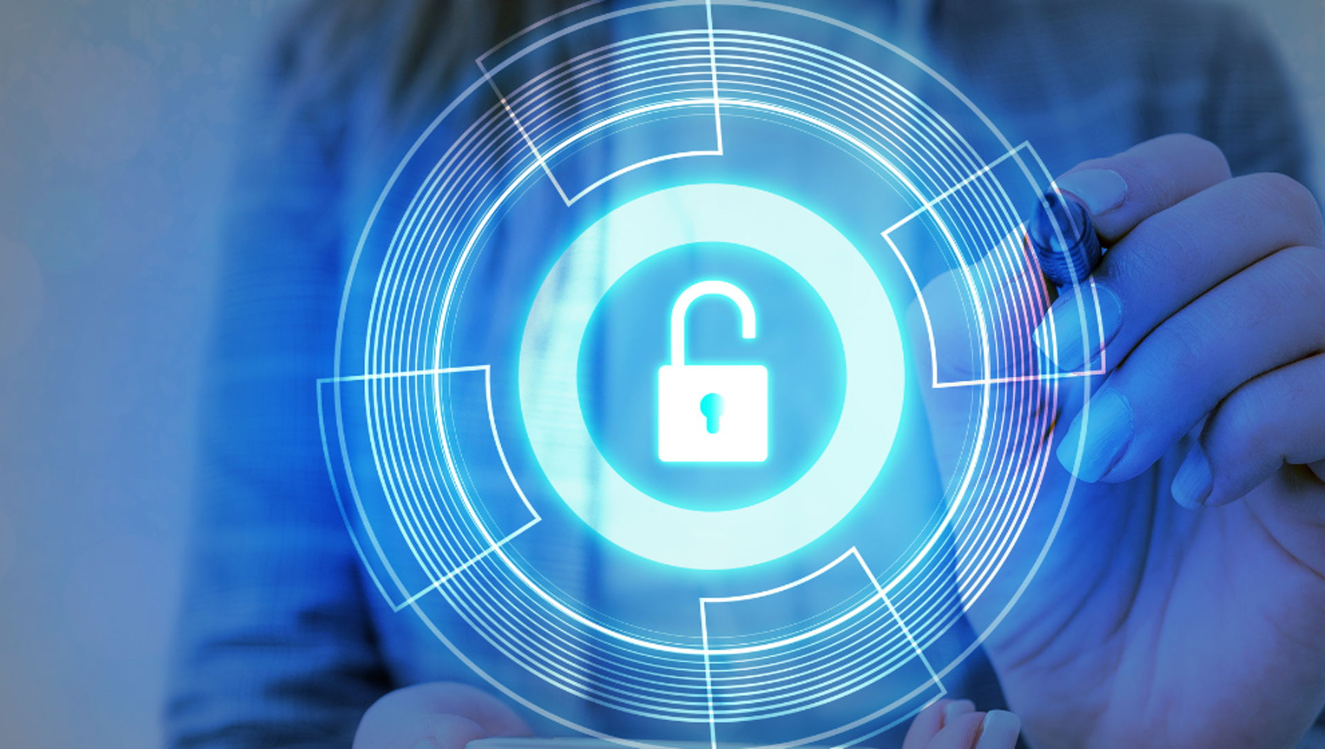 A person using a phone with a padlock graphic overlaid