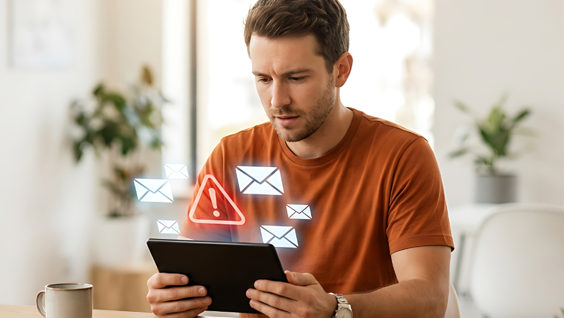 Man on tablet scam alert hero