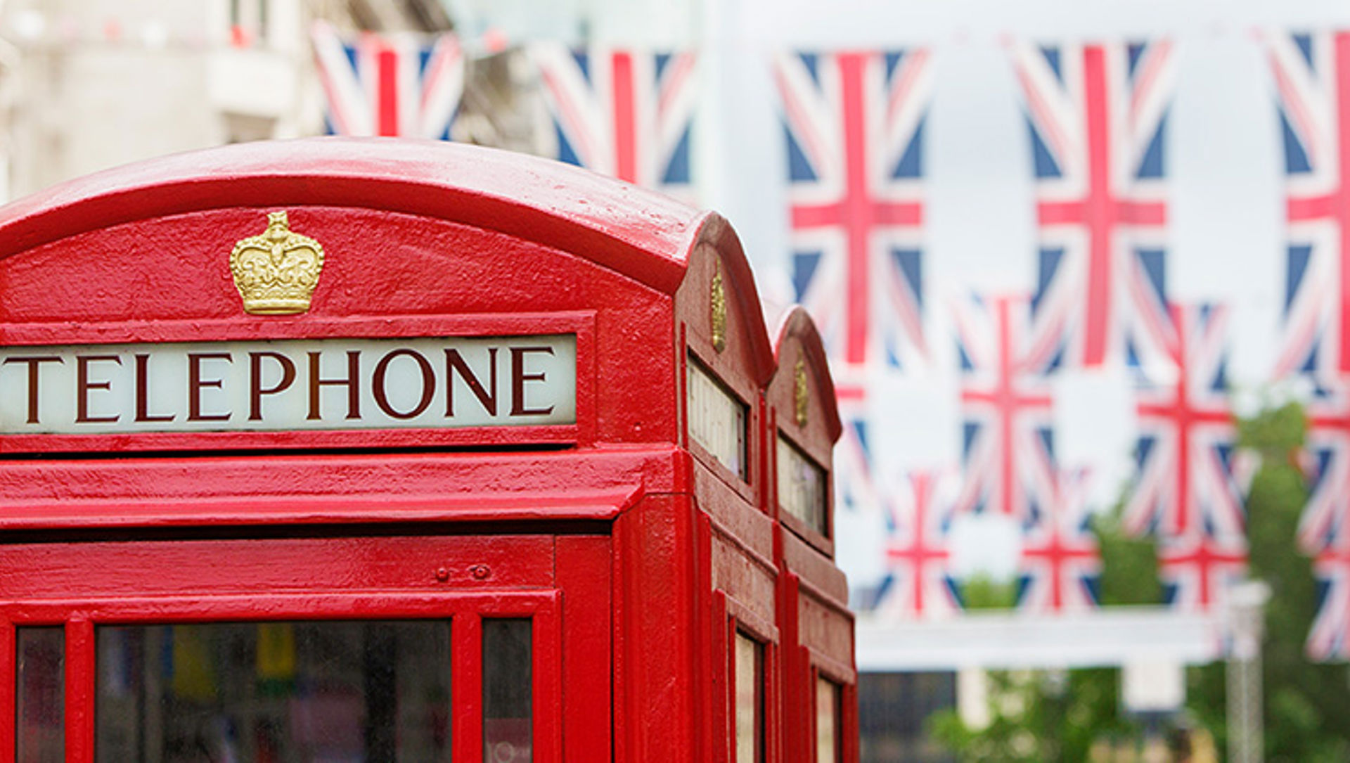 Red phone box and British flag bunting