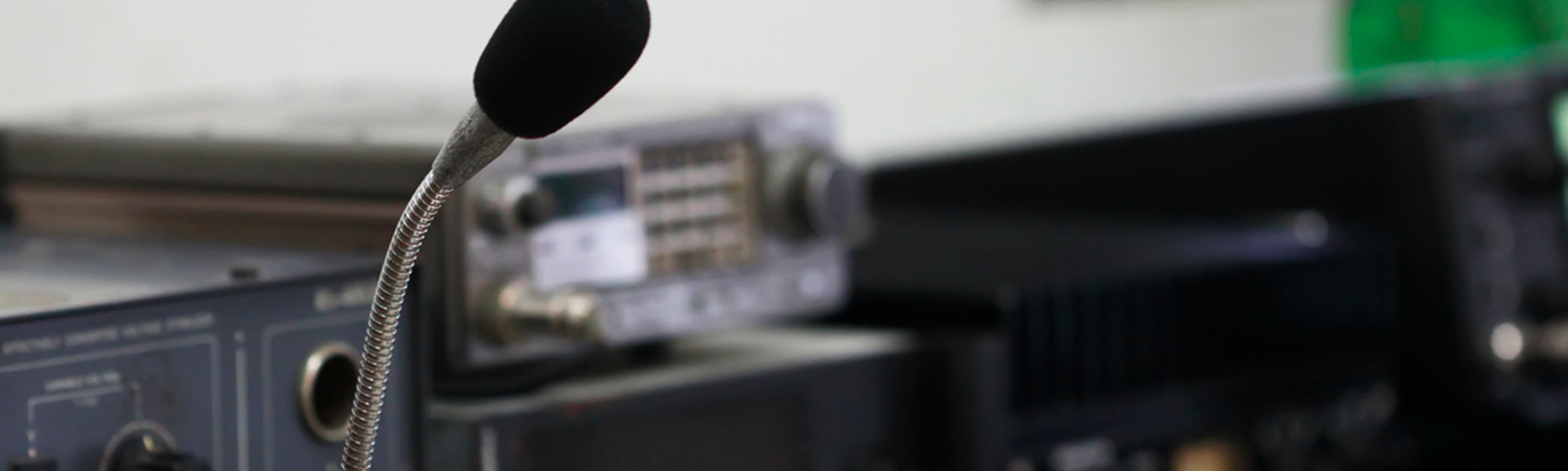 Amateur radio microphone on a studio desk.