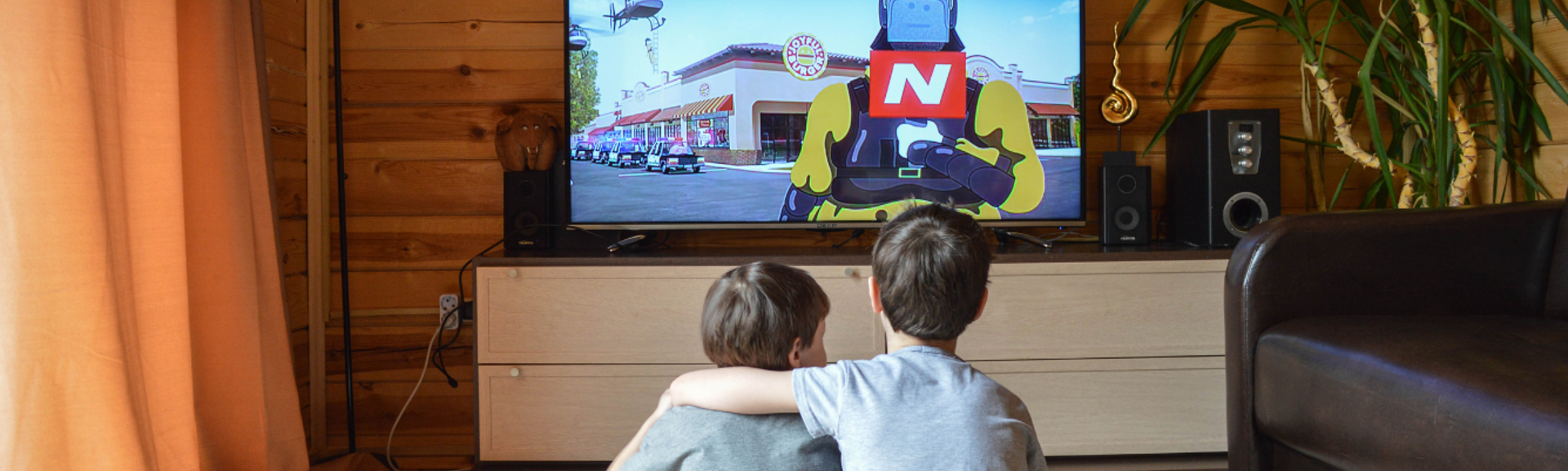 Two young boys watching children's television together