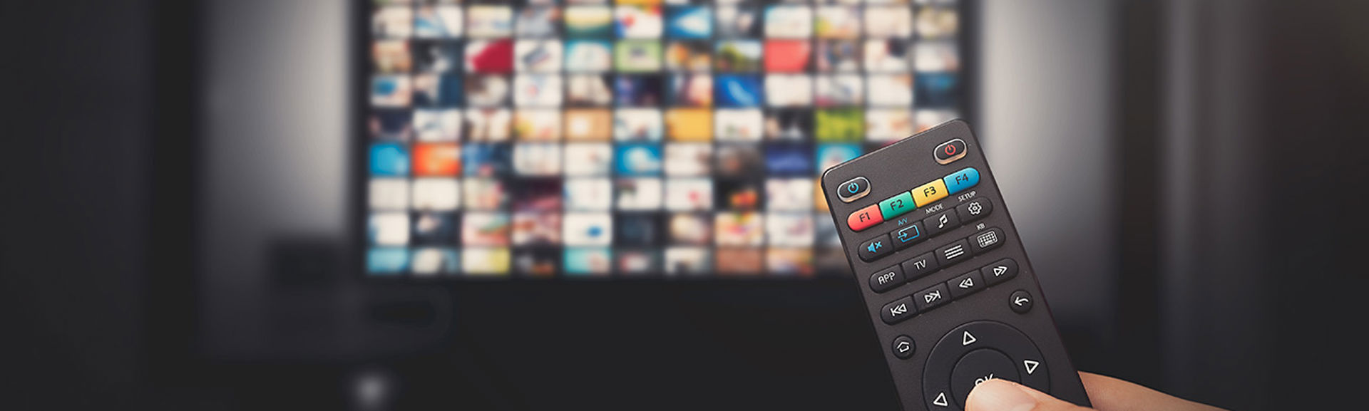 Person holding a TV remote control in front of a TV screen showing tens of application options
