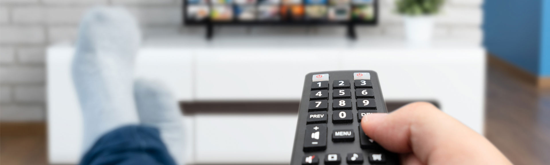 A person pointing a remote control at a television