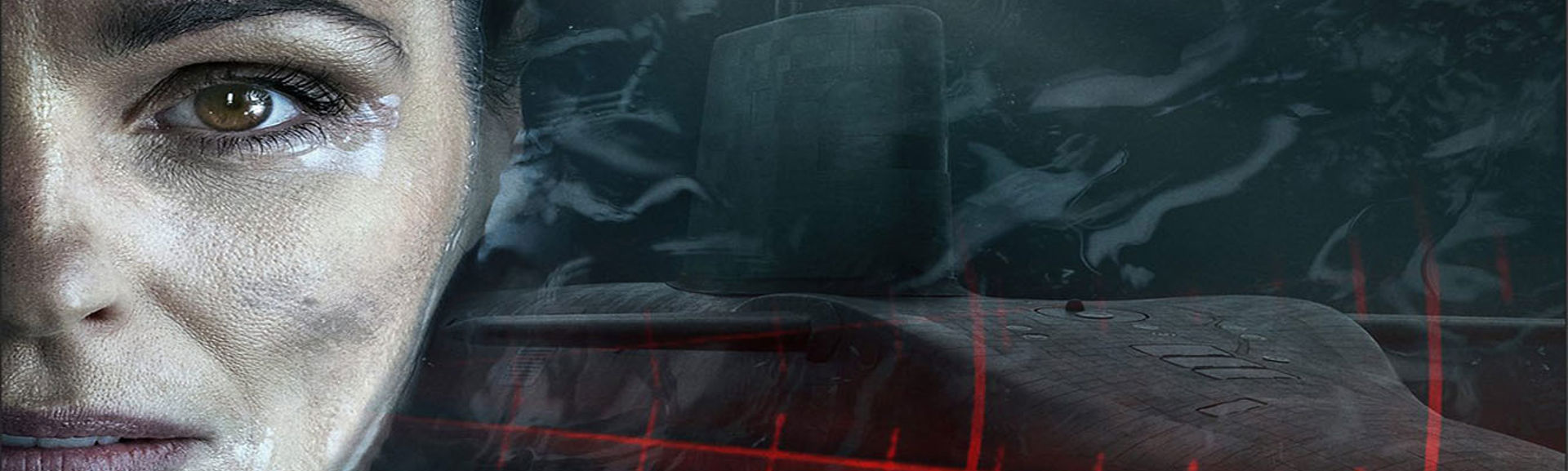 A promotional image from the television show 'Vigil', showing a woman's face and a submarine behind it