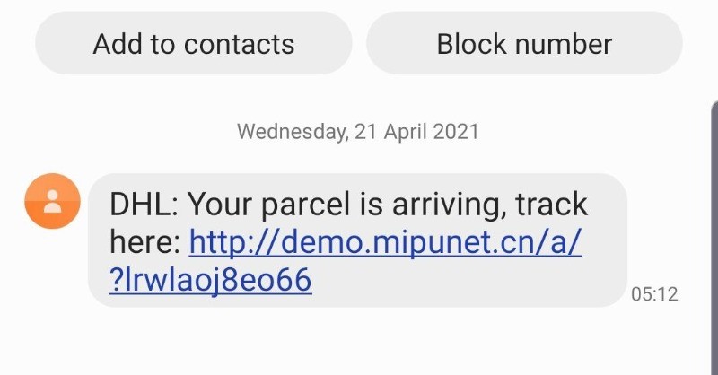 Screenshot of a text message which claims to be from DHL. In fact it is a scam text. The text reads: "DHL: Your parcel is arriving, track here:", followed by a link.