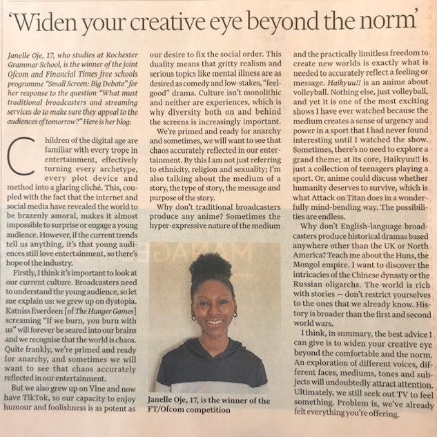 Erthygl yn y Financial Times yn dangos enillydd ein cystadleuaeth Sgrîn Fach: Trafodaeth Fawr Janelle Oje