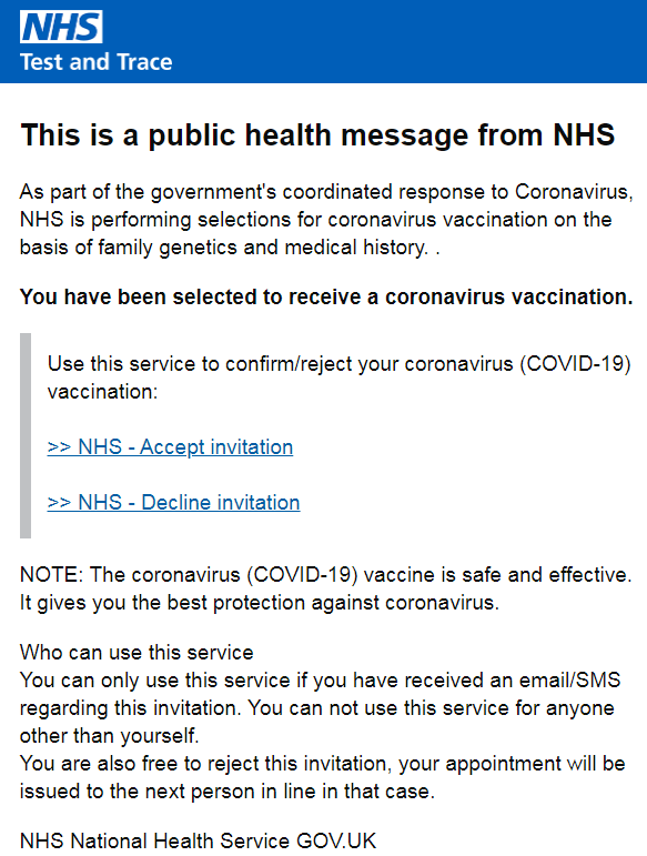 Screenshot of a fake NHS email about fast track Covid-19 vaccinations.