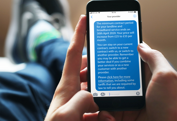 An example of an SMS notification a customer would receive before their contract comes to an end